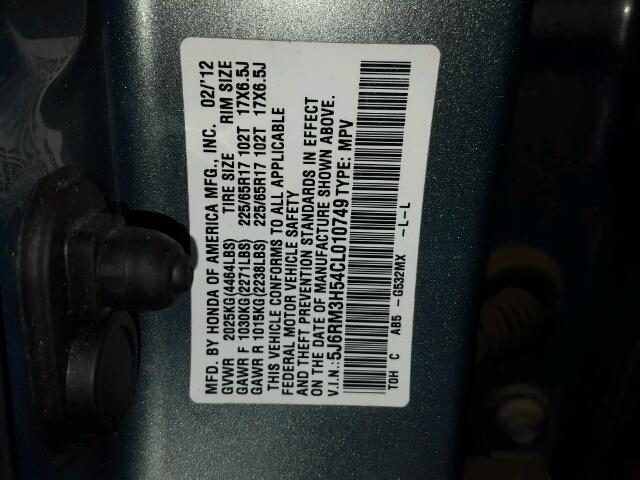 5J6RM3H54CL010749 - 2012 HONDA CR-V EX ლურჯი ფოტო 10