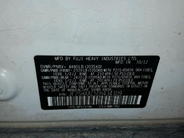 JF2SHAAC5DH434309 - 2013 SUBARU FORESTER 2 WHITE photo 10