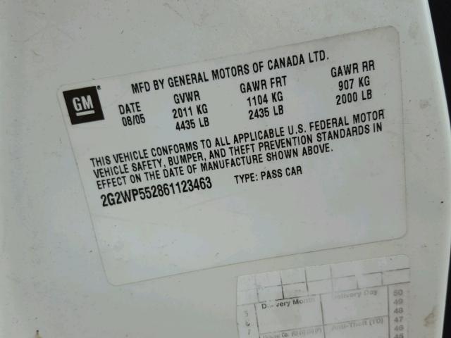 2G2WP552861123463 - 2006 PONTIAC GRAND PRIX თეთრი ფოტო 10