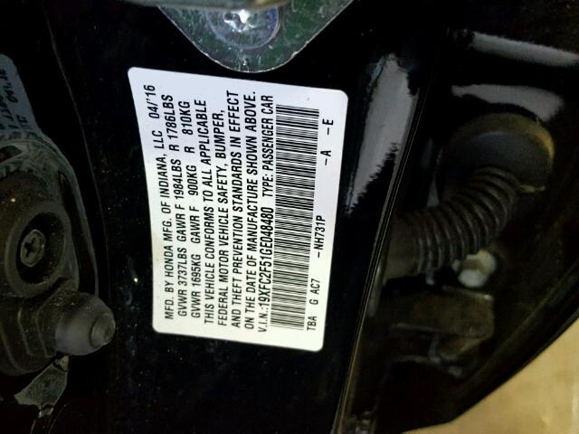 19XFC2F51GE048480 - 2016 HONDA CIVIC LX BLACK photo 10