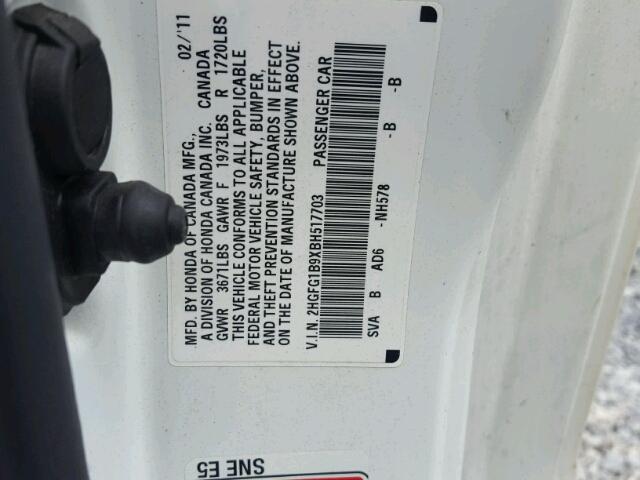 2HGFG1B9XBH517703 - 2011 HONDA CIVIC EXL 白色 照片 10