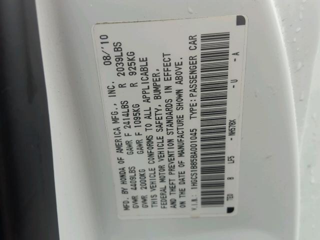 1HGCS1B85BA001045 - 2011 HONDA ACCORD EXL WHITE photo 10