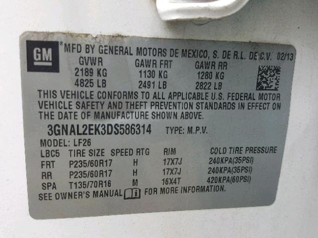 3GNAL2EK3DS586314 - 2013 CHEVROLET CAPTIVA LS 白色 照片 10