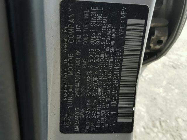 KM8JM12B26U433197 - 2006 HYUNDAI TUCSON GL GRAY photo 10