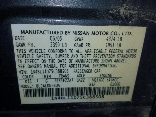 1N4BL11D75C388508 - 2005 NISSAN ALTIMA CHARCOAL photo 10