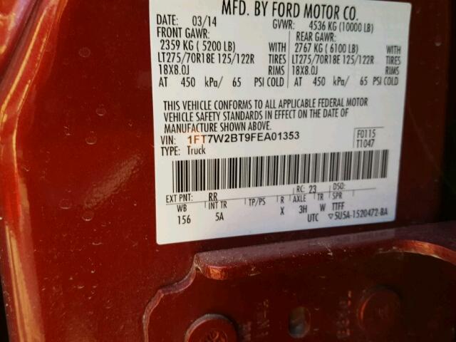 1FT7W2BT9FEA01353 - 2015 FORD F250 RED photo 10