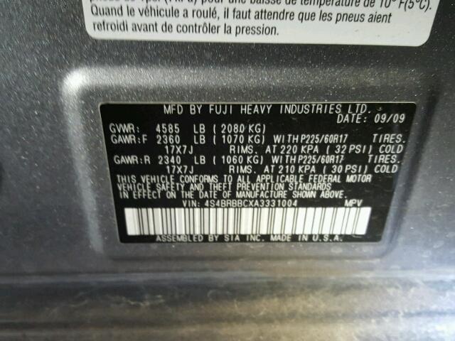 4S4BRBBCXA3331004 - 2010 SUBARU OUTBACK SILVER photo 10