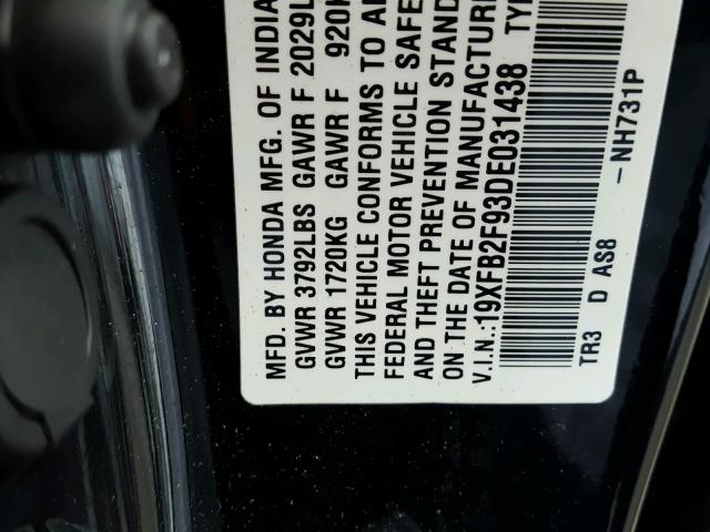 19XFB2F93DE031438 - 2013 HONDA CIVIC EXL შავი ფოტო 10