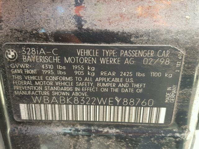 WBABK8322WEY88760 - 1998 BMW 328 IC AUT BLACK photo 10