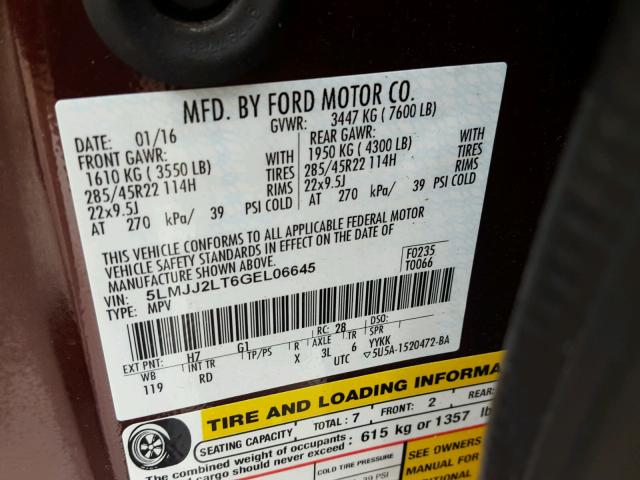 5LMJJ2LT6GEL06645 - 2016 LINCOLN NAVIGATOR 栗色 照片 10