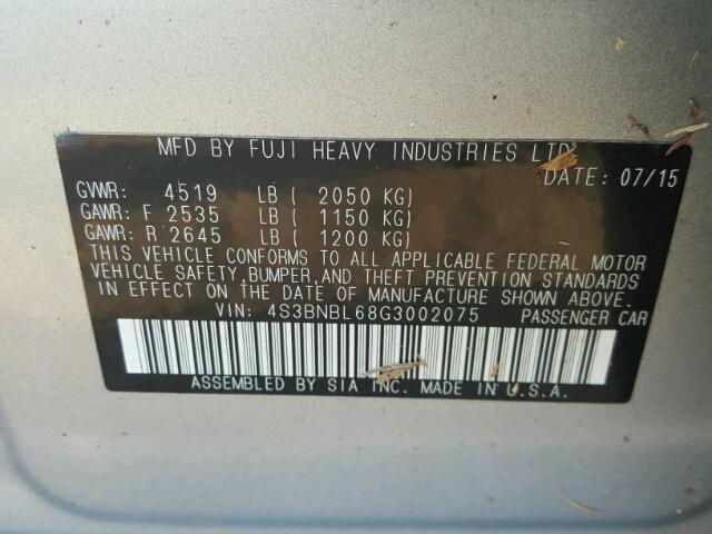 4S3BNBL68G3002075 - 2016 SUBARU LEGACY SILVER photo 10