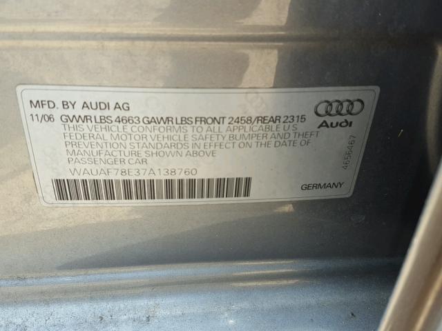 WAUAF78E37A138760 - 2007 AUDI A4 2 SILVER photo 10