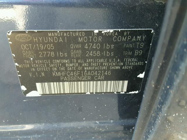 KMHFC46F16A042146 - 2006 HYUNDAI AZERA SE BLUE photo 10