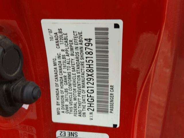 2HGFG129X8H518794 - 2008 HONDA CIVIC EXL წითელი ფოტო 10