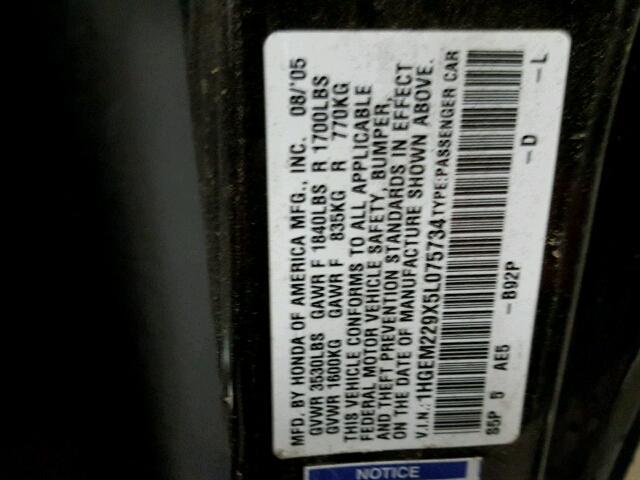 1HGEM229X5L075734 - 2005 HONDA CIVIC EX BLACK photo 10