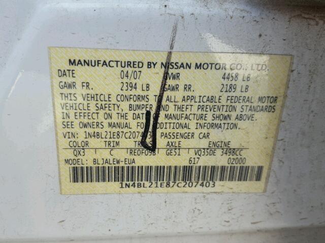 1N4BL21E87C207403 - 2007 NISSAN ALTIMA 3.5 WHITE photo 10