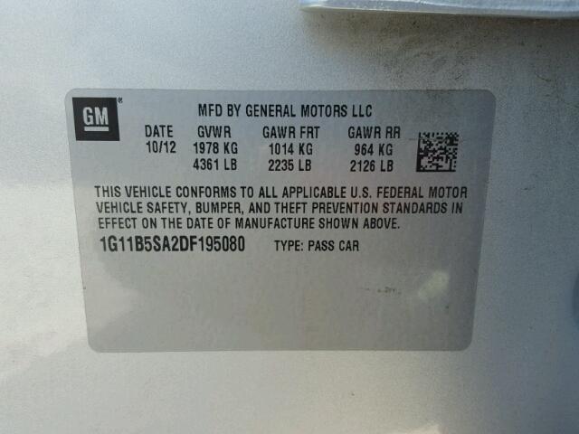 1G11B5SA2DF195080 - 2013 CHEVROLET MALIBU LS ნაცრისფერი ფოტო 10