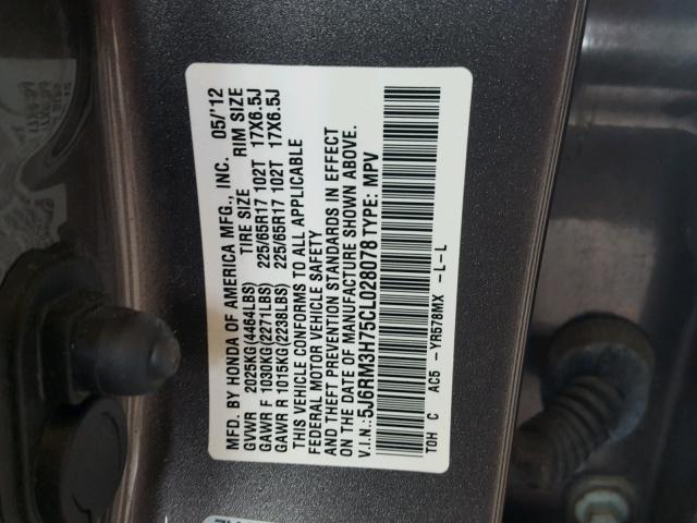 5J6RM3H75CL028078 - 2012 HONDA CR-V EXL GRAY photo 10