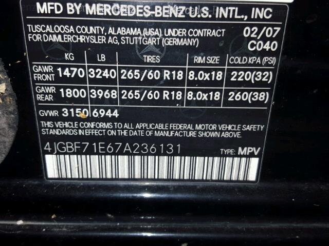 4JGBF71E67A236131 - 2007 MERCEDES-BENZ GL BLACK photo 10