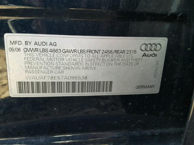 WAUAF78EX7A096538 - 2007 AUDI A4 2 BLUE photo 10