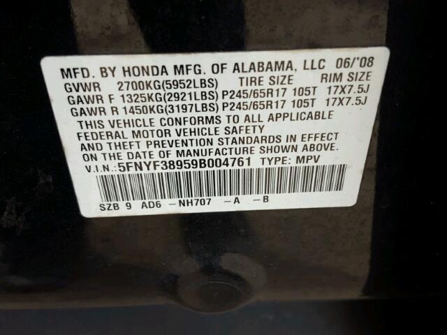 5FNYF38959B004761 - 2009 HONDA PILOT TOUR BLACK photo 10