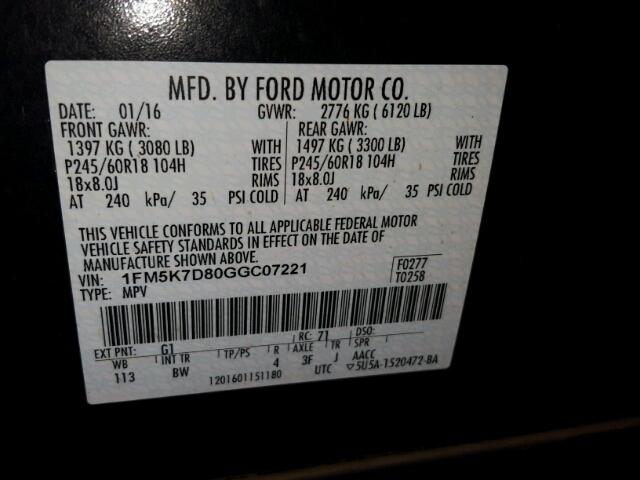 1FM5K7D80GGC07221 - 2016 FORD EXPLORER BLACK photo 10