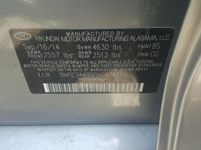 5NPE34AB5FH087474 - 2015 HYUNDAI SONATA SPO SILVER photo 10