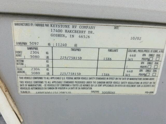 4YDT3002231208320 - 2003 KEYSTONE SPRINTER WHITE photo 10