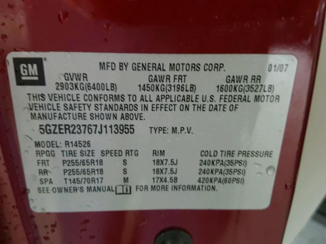 5GZER23767J113955 - 2007 SATURN OUTLOOK XR მუქწითელი ფოტო 10
