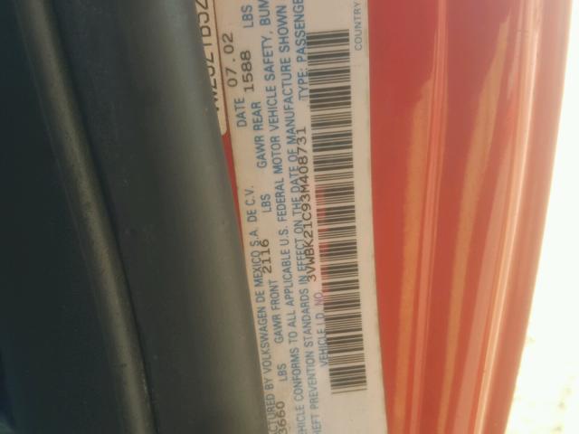 3VWBK21C93M408731 - 2003 VOLKSWAGEN NEW BEETLE ORANGE photo 10