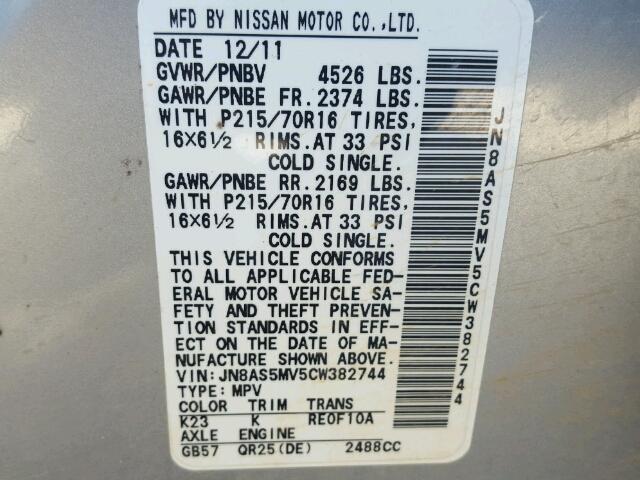 JN8AS5MV5CW382744 - 2012 NISSAN ROGUE S SILVER photo 10