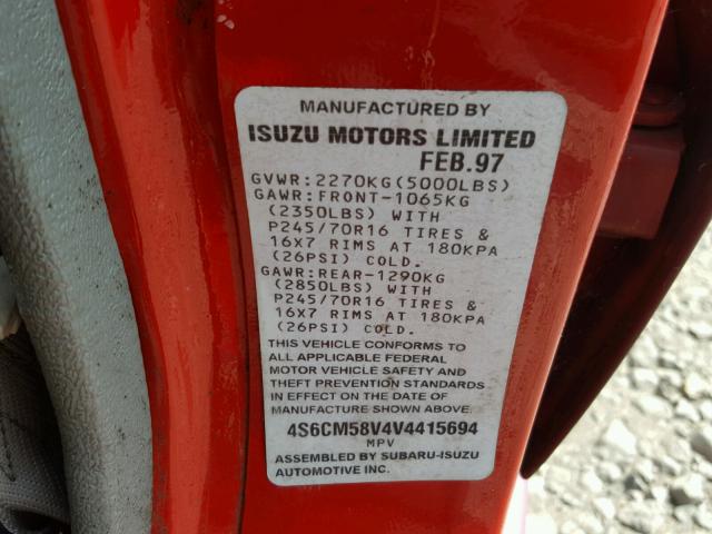 4S6CM58V4V4415694 - 1997 HONDA PASSPORT E RED photo 10