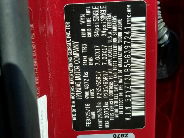 5XYZT3LB5HG397241 - 2017 HYUNDAI SANTA FE S 红色 照片 10