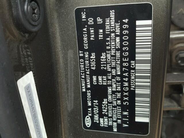 5XXGM4A78EG300994 - 2014 KIA OPTIMA BLACK photo 10