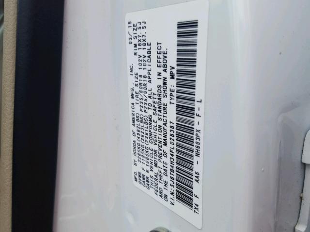 5J8TB4H34FL028387 - 2015 ACURA RDX BASE WHITE photo 10