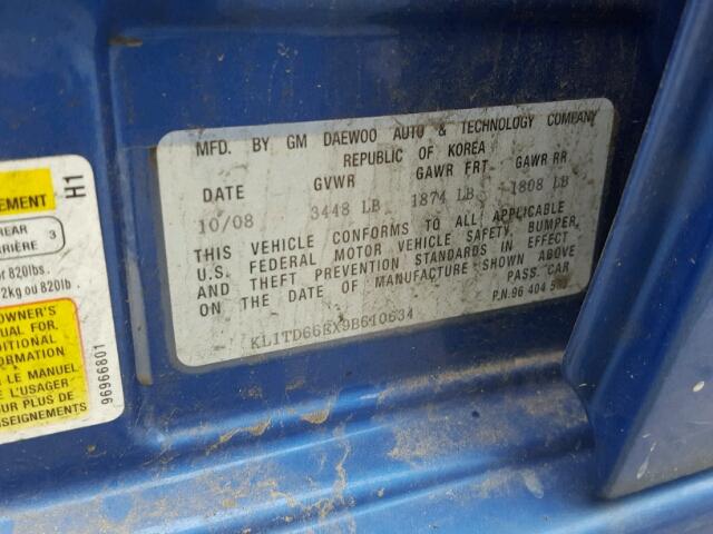 KL1TD66EX9B610634 - 2009 CHEVROLET AVEO LS BLUE photo 10