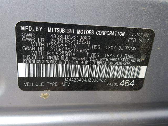 JA4AZ3A34HZ038482 - 2017 MITSUBISHI OUTLANDER SILVER photo 10