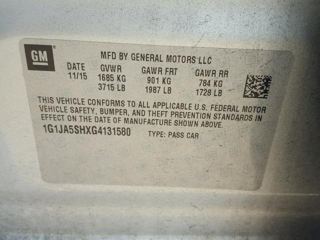 1G1JA5SHXG4131580 - 2016 CHEVROLET SONIC LS SILVER photo 10