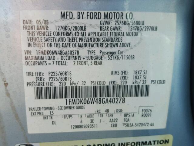 1FMDK06W48GA40278 - 2008 FORD TAURUS X L BLUE photo 10