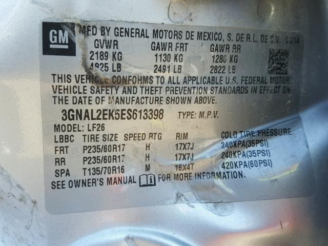 3GNAL2EK5ES613398 - 2014 CHEVROLET CAPTIVA LS 灰色 照片 10