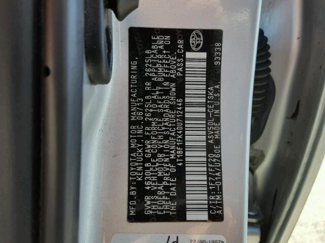 4T1BF1FK4DU712446 - 2013 TOYOTA CAMRY L SILVER photo 10