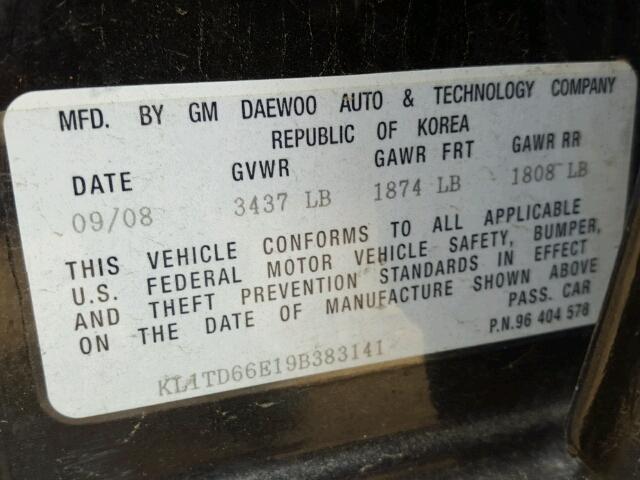 KL1TD66E19B383141 - 2009 CHEVROLET AVEO LS BLACK photo 10