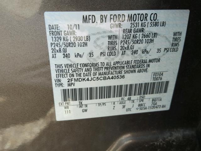 2FMDK4JC5CBA40536 - 2012 FORD EDGE SEL GRAY photo 10