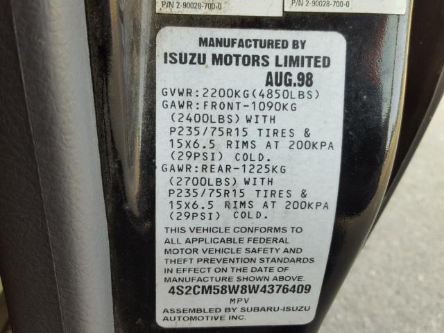 4S2CM58W8W4376409 - 1998 ISUZU RODEO S BLACK photo 10