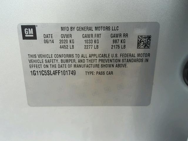 1G11C5SL4FF101749 - 2015 CHEVROLET MALIBU 1LT 银色 照片 10