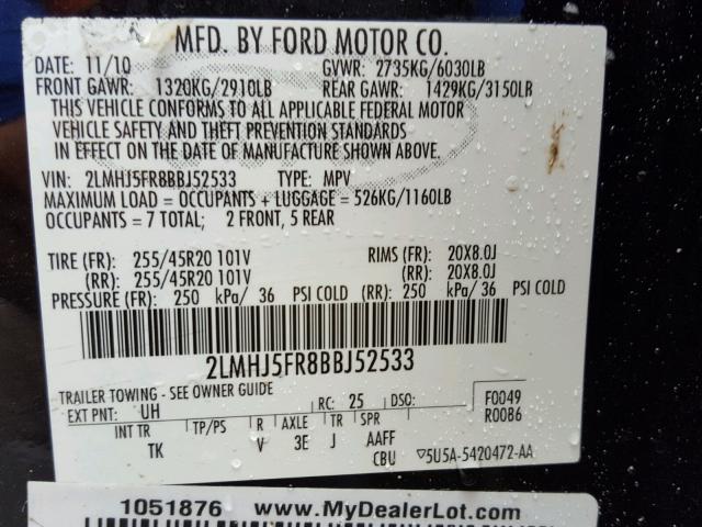 2LMHJ5FR8BBJ52533 - 2011 LINCOLN MKT BLACK photo 10