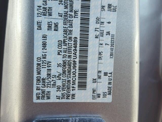 1FMCU0J99FUA94889 - 2015 FORD ESCAPE SILVER photo 10