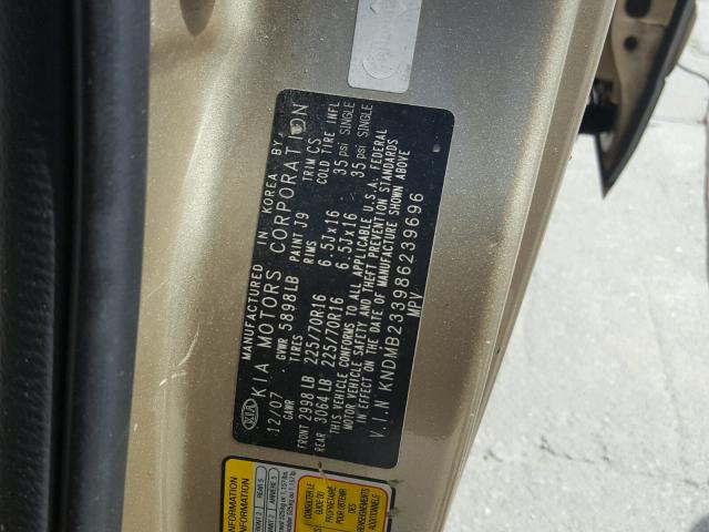 KNDMB233986239696 - 2008 KIA SEDONA EX GOLD photo 10