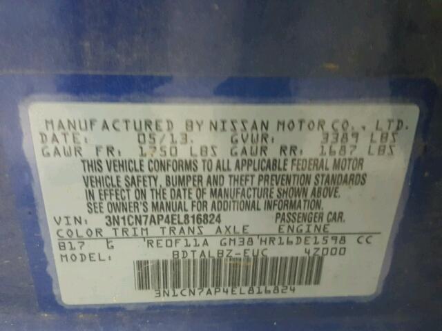 3N1CN7AP4EL816824 - 2014 NISSAN VERSA S BLUE photo 10