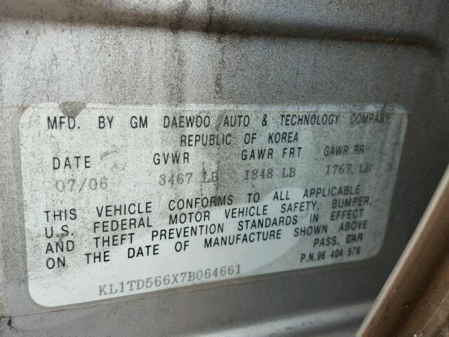 KL1TD566X7B064661 - 2007 CHEVROLET AVEO BASE Күміс фото 10